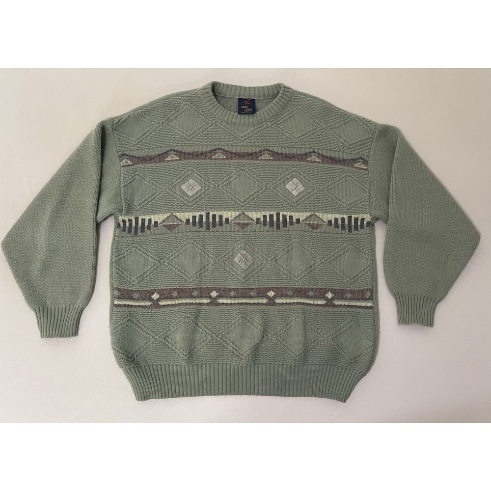 Vintage Italian Wool Blend Sweater L Green Crew Neck Made Italy